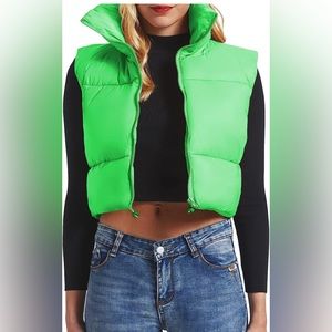 Women's Winter Puffer Vest Crop Jackets Lightweight Outwear Vest Lime Green